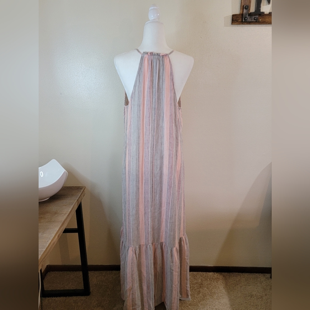 Nine West Linen Blend Tiered Peasant Striped Maxi Dress Size L - Picture 4 of 6